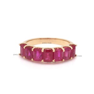 Ruby 3.62 carat emerald cut U prong eternity band ring in gold | Natural red ruby half eternity ring gold | Red ruby emerald cut ring gold