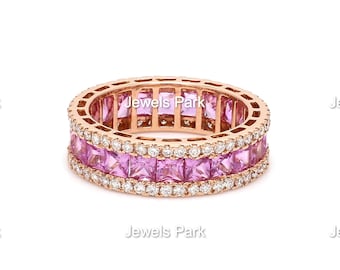 14K real gold pink sapphire eternity band ring | Pink sapphire diamond ring | Natural channel set pink sapphire princess cut ring gold band