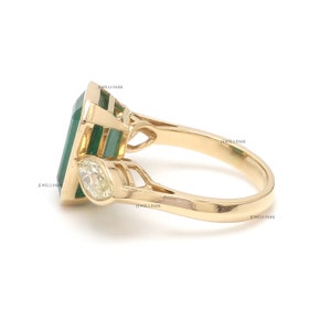 Emerald cut emerald vintage marquise diamond ring gold Natural emerald cut emerald antique ring gold Emerald bezel set diamond ring gold image 8