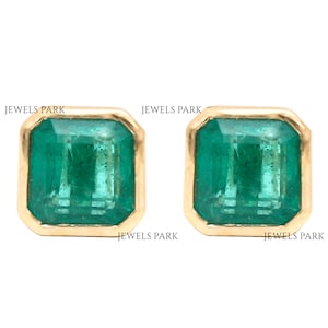 Real emerald bezel set asscjer cut studs earring gold | Natural emerald cut emerald studs gold | Emerald stud earring gold ready to ship