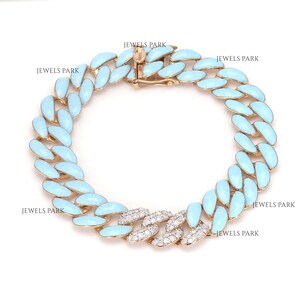 Diamond cuban baby blue bracelet in gold | Natural Diamond with blue enameling bracelet gold | Enamel blue cuban bracelet gold with diamond