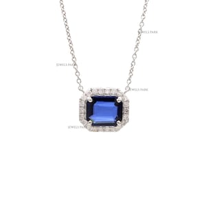 Blue sapphire octagon diamond mini pendant gold | Natural blue sapphire emerald cut halo diamond pendant gold | Blue sapphire pendant gold