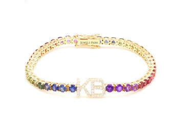 Rainbow Sapphire name initial tennis bracelet in gold | Natural rainbow gemstone letter tennis bracelet | Personalised name tennis bracelet