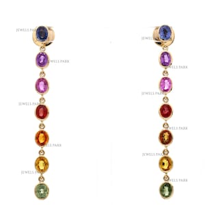 Rainbow sapphire oval shape bezel set link drop earrings gold | Natural oval cut sapphire dangling earrings gold | Sapphire earrings gold