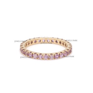 Pink sapphire round eternity band ring in 14K 18K gold | Natural 2mm pink sapphire stackable ring gold | Valentines day proposal ring gold