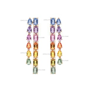 Rainbow sapphire emerald cut pear cut dangling earrings gold | Natural rainbow sapphire earrings gold | Real sapphire emerald & pear cut
