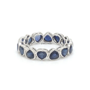 Blue sapphire bezel set heart eternity band ring gold | Natural blue sapphire 4MM heart upside down eternity ring | Blue sapphire ring gold
