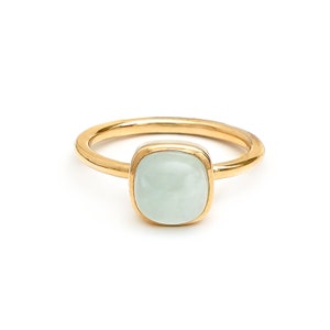 Aquamarine cushion cabochon bezel set ring gold | Natural aquamarine cabochon small ring gold | Big aquamarine cabochon pinky ring gold