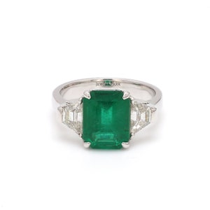 Real big emerald three stone ring gold | Natural 3ct emerald cut emerald trapezoid diamond three stone ring | Emerald cut octagon ring gold