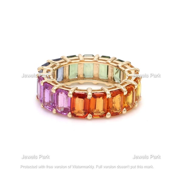 Rainbow Sapphire Emerald Cut Ring Eternity Band 14K Solid Gold