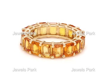 Yellow sapphire emerald cut eternity band ring in 14k 18k gold, Natural 5x4mm octagon cut yellow sapphire ring gold, Kanakapushyaragam ring