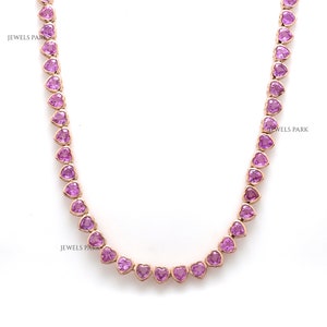 Pink sapphire bezel set heart tennis necklace gold | Natural 5MM pink sapphire heart tennis necklace gold | Pink sapphire necklace gold