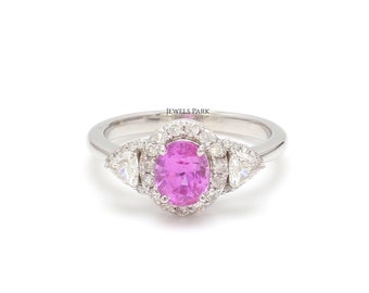 Pink sapphire diamond three stone ring gold | Natural 1.20ct oval pink sapphire trillion diamond three stone ring gold | Proposal ring gold