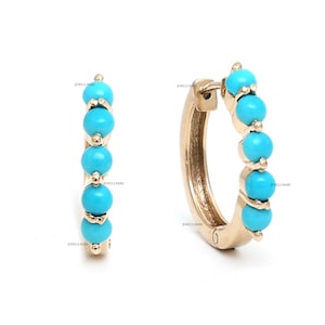 Turquoise Round cabochon mini hoops earrings studs gold | Natural turquoise round cabochon prong set hoops gold | Turquoise hoops Gold