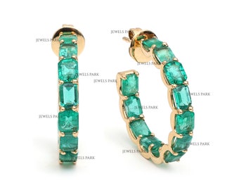 Emerald cut emerald U prong hoops earrings gold | Natural emerald cut emerald hoops earrings gold | Emerald cut emerald big hoops earrings