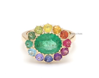 Emerald rainbow sapphire halo ring gold | Natural 2ct oval emerald halo wedding ring gold | Emerald cut ring gold | Rainbow ombre ring gold