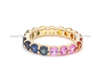 Rainbow sapphire round ombre eternity band ring in 14k 18k gold | Natural 3.5mm 4ct multi sapphire pink sapphire stackable rainbow ring gold