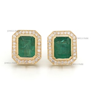 Emerald diamond stud earrings gold | Natural emerald cut emerald bezel set diamond studs gold | Big emerald studs diamond earrings gold
