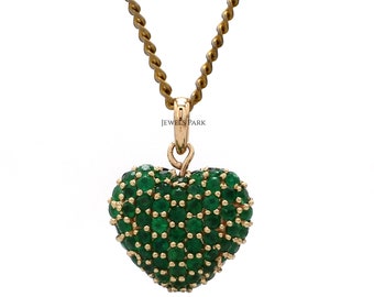 Emerald blue sapphire heart pendant necklace gold | Natural pave set half emerald half blue sapphire heart necklace pendant choker gold gift