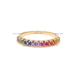 Rainbow sapphire round half eternity band ring gold | Natural rainbow ombre sapphire round stackable ring gold | Rainbow sapphire ring gold