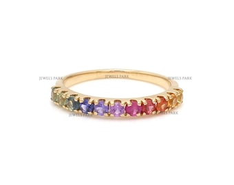 Rainbow sapphire round half eternity band ring gold | Natural rainbow ombre sapphire round stackable ring gold | Rainbow sapphire ring gold