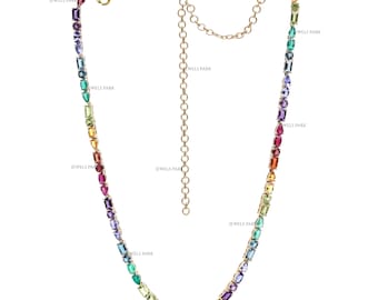 Rainbow gemstone mix shape prong set necklace gold | Natural multi gemstone rainbow ombre necklace gold | Mix shape rainbow necklace gold