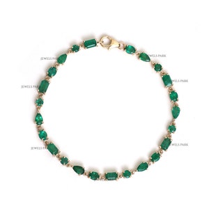 Real emerald tennis bracelet in solid gold | Emerald cut emerald tennis bracelet gold | Natural mix shape emerald link chain bracelet gold