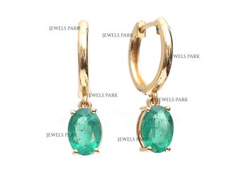 Emerald oval cut prong set mini drop hoops earrings gold | Natural oval cut emerald drop earrings gold | Mini oval cut emerald earrings gold