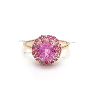 Pink Sapphire Dome Ring | Oval Center Stone & Pavé Diamonds | 14K 18K Solid Gold Cocktail Ring | Bold Gemstone Statement Jewelry