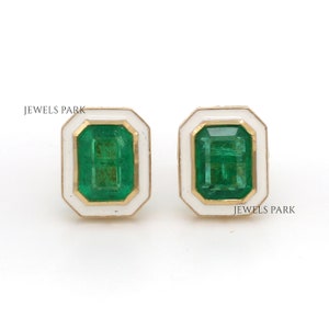 Real emerald bezel set enamel studs earrings gold, Natural 2CTW emerald cut emerald white enamel stud earrings gold, Emerald earrings gold