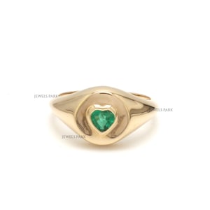 Emerald signet ring in solid 14K 18K gold | Natural heart cut emerald bezel set signet ring gold | Emerald heart round shape pinky ring gold