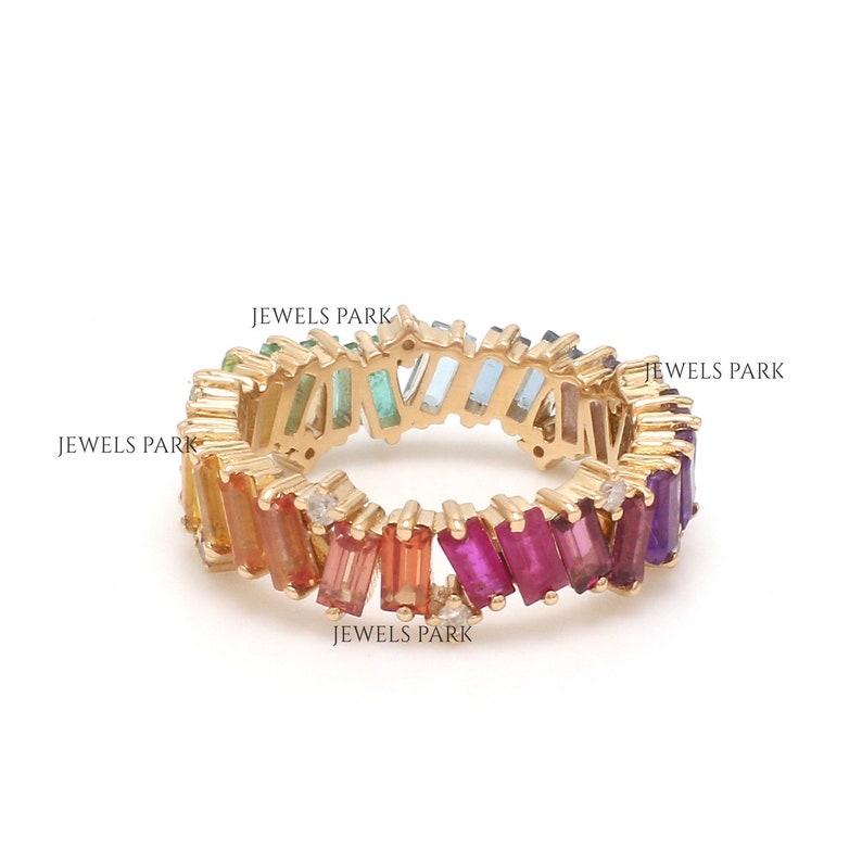 Rainbow gemstone sapphire eternity band ring gold Natural rainbow diamond zig zag ring Rainbow gemstone and diamond ring gold image 7