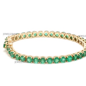 Natural emerald round shape tennis bracelet gold | Natural 4MM wide 7CT round emerald tennis bracelet gold | Round cut emerald bracelet gold