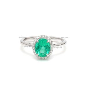 Colombian emerald diamond ring gold | Natural colombian emerald oval diamond solitaire ring gold | Oval cut emerald halo diamond ring gold