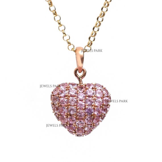 Pink sapphire heart pendant necklace gold | Natural pink sapphire pave heart pendant locket necklace gold | Pink sapphire heart pendant gold