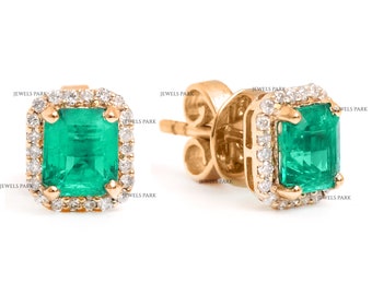 Real emerald cut emerald halo diamond stud earrings gold | Natural 1.50CT emerald diamond studs gold | Emerald cut studs gold ready to ship