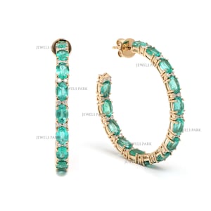 Emerald oval cut hoops with 14K gold and diamond |  Natural elegant emerald and diamond oval hoop earrings |  Emerald and Diamond Hoops