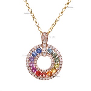 Rainbow sapphire diamond pendant necklace gold | Natural multi sapphire diamond pendant gold | Rainbow ombre sapphire charm pendant gold