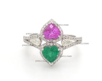 Emerald and pink sapphire heart two stone diamond ring gold | Natural emerald and sapphire ring gold | Emerald heart & pink sapphire ring