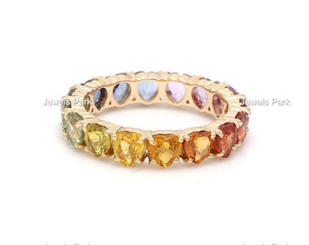 Rainbow sapphire multi sapphire heart shape eternity band ring in 14k 18k gold | Natural 6 ct sapphire custom wedding ring rainbow ring gold