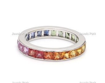 Rainbow sapphire princess cut eternity band ring in 14k 18k gold | Rainbow ring gradient ombre multi color rainbow sapphire september ring