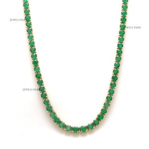 Emerald tennis necklace gold | Natural big round emerald tennis necklace gold | Emerald round stackable necklace gold | Emerald gold chain