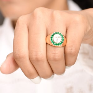 Emerald diamond personalised name letter signet ring gold | Natural round emerald diamond letter signet ring | Real emerald pinky ring gold