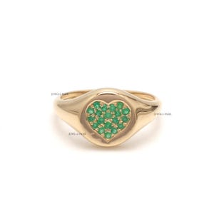 Emerald heart signet ring gold | Natural green emerald round heart shape signet ring gold | Emerald pave set heart shape pinky ring gold