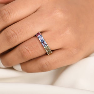Rainbow sapphire octagon cut rainbow gradient ombre eternity band ring in 14k 18k gold Natural multi sapphire pride ring rainbow ring gold image 4