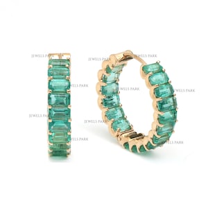 Emerald cut emerald hoop earrings gold |  Natural emerald cut emerald hoops with U shaped prong setting | Emerald earrings statement Jewelry