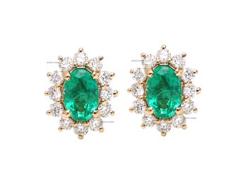 Emerald Diamond Halo Stud Earrings | 14k Gold Oval Cut