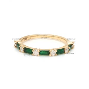 Emerald diamond baguette half eternity band ring gold | Natural emerald diamond thin band ring gold | Emerald diamond half band ring gold