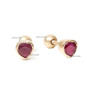 Ruby heart mini studs earrings gold | Natural ruby bezel set mini heart piercing studs gold | Red ruby mini ball back studs piercing gold