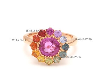 Pink sapphire oval statement halo ring gold | Natural 2.50CT oval pink sapphire halo rainbow sapphire cluster ring gold | Rainbow ring gold
